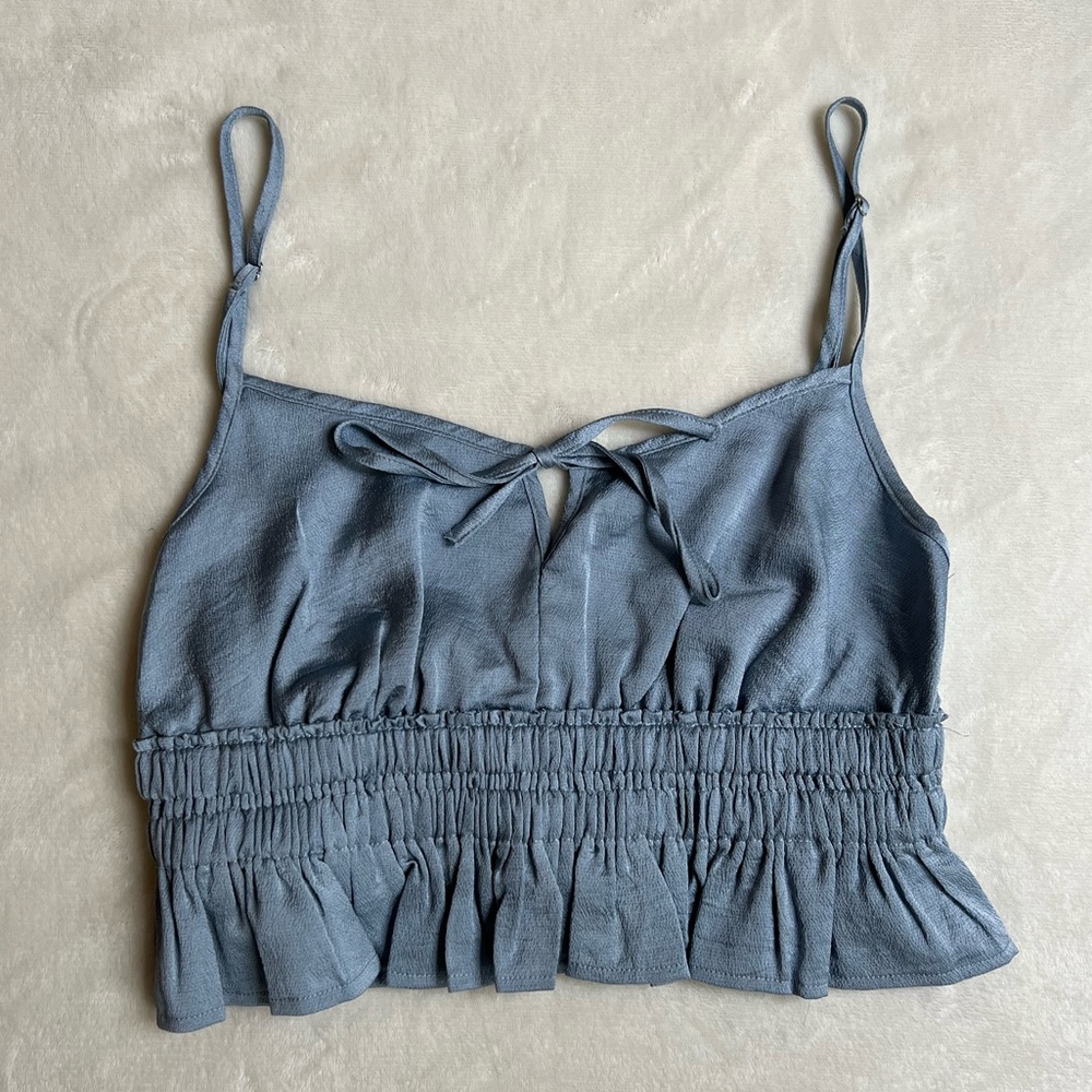 Victoria + Sophia Ruffle Crop Top Womens Blue Smocked Sleeveless Size S